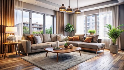 Cozy modern living room interior with plush furniture and natural light, cozy, modern, living room, interior, plush