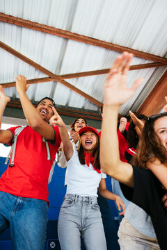 Excited sports fans cheering in the stands