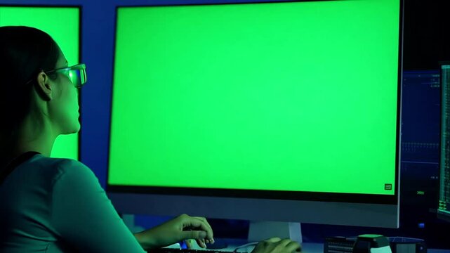 Young Indian female wearing glasses working at a computer that has a green screen for rotoscoping.  Panning shot to the left.