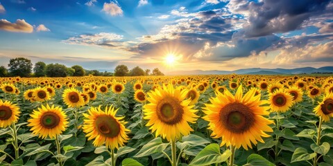 Obraz premium Beautiful landscape photo featuring a field full of sunflowers, nature, sunflowers, yellow, summer, vibrant, flora, agricultural