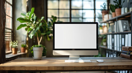 Fototapeta premium Minimal home office desk setup with blank computer screen, perfect workspace for remote work, freelancers, or creative professionals. Concept of work from home, technology, productivity
