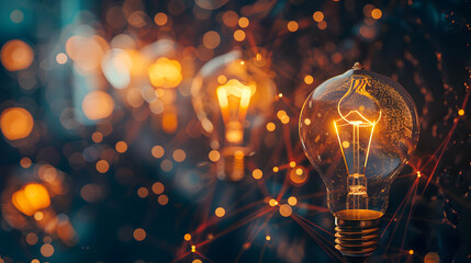 Light Bulb Network, Connected light bulbs illuminate a dark space, representing the power of creativity and innovation in sparking breakthrough ideas for business growth.