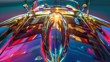 Futuristic Art Deco Concept: Modern Car in Vibrant Colors with High Contrast Symmetry and Wide Angle Lens Flare