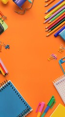 Colorful School Supplies on Orange Background