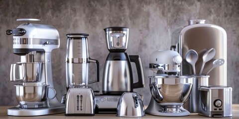 Stainless Steel Kitchen Appliances on a Wooden Countertop