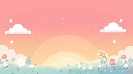 Beautiful sunrise landscape with flowers, birds, and clouds in a pastel sky. Perfect for backgrounds, illustrations, and nature themes.