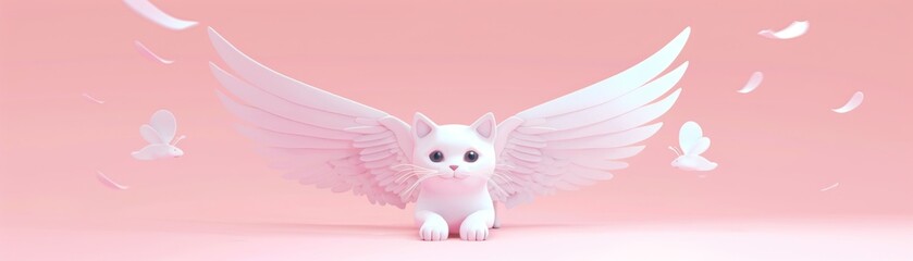 Adorable white cat with wings in a dreamy pink setting, surrounded by white feathers. Whimsical scene with ethereal atmosphere.