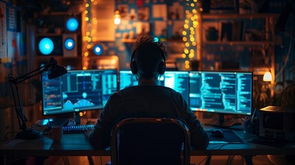 Obraz premium A photo of an IT professional working in the night at his desk