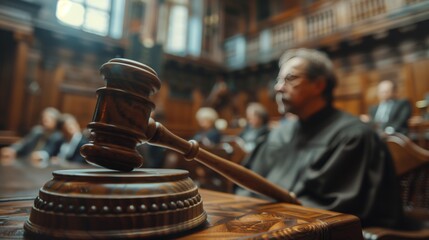 A judge sitting at the bench with his hand on the expensive wooden gavel in front of him. In the blurred background there are other people and woodwork panels of the courtroom