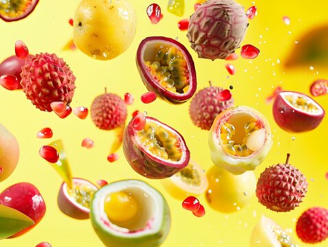 Tropical Fruit Explosion on Yellow Background
