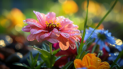 Vibrant colored flowers bloom in a meadow, AI Generative.