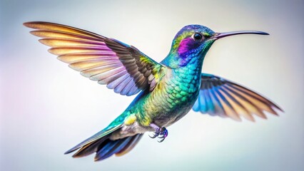 Obraz premium Delicate hummingbird silhouette spreads iridescent wings in mid-air, contrasting vibrantly against a pristine white background with subtle blue undertones.