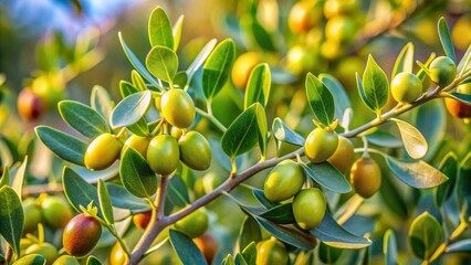 Delicate jojoba plant branches adorned with vibrant green seeds and leaves flourish in an outdoor setting with a soft focus background.