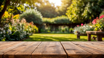 Fototapeta premium Empty wooden table ob a defocused garden background, Blured background of garden and trees in sunny day