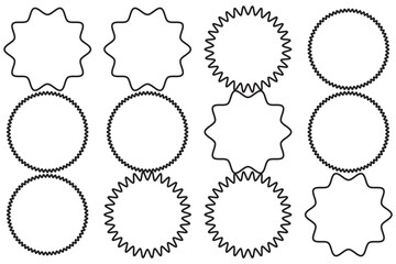 Starburst thin line sticker vector icon, outline star round border, circle sale badge set, price tag. Simple illustration isolated on white background