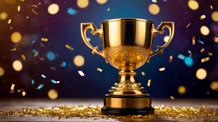 Winner trophy on a blurred background, Golden trophy winner cup with blurred bokeh background