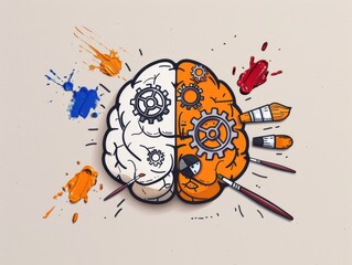 Creative brain illustration divided into artistic and technical halves. Paint splashes and gears accentuate creativity vs. logic concept.
