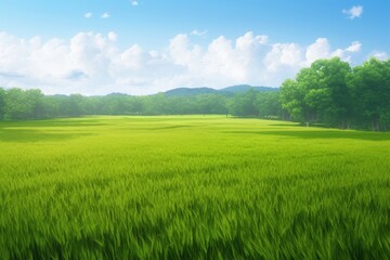 Fototapeta premium Serene Meadow with Lush Grass under a Blue Sky