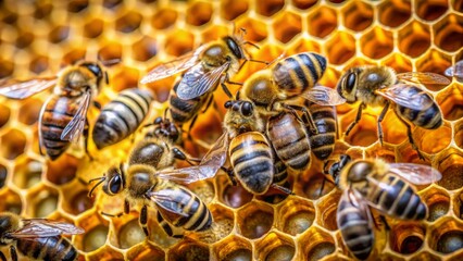 Busy bees swarm around hexagonal cells filled with golden nectar and pollen in a thriving natural honeycomb habitat environment.