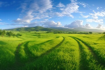 Fototapeta premium Green Fields Under a Blue Sky