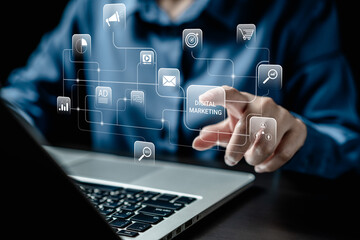 Businesswomen use laptop to make digital marketing, online selling, promotion of brand to connect potential customers via internet and digital communication, email, social media, web-based advertising