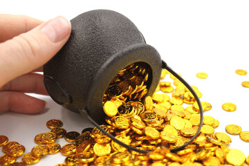 Miniature Black Cauldron Overflowing with Lucky Leprechaun Gold Coins