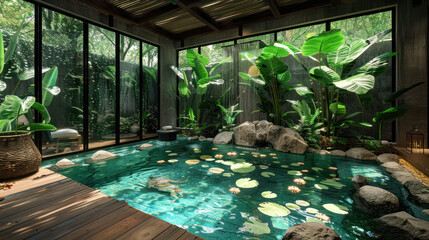 Luxurious indoor swimming pool surrounded by lush greenery and natural stone. Concept of luxury home, tropical paradise, indoor oasis, spa, and tranquility.