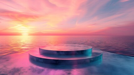 3d render round platform on water with glass wall panels. Minimal landscape mockup for product showcase banner in rainbow colors. Modern design promotion mock up. Geometric background with empty space