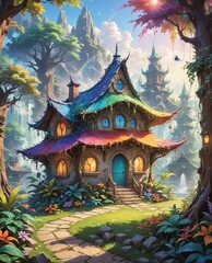 Obraz premium A cute fairy cottage in the woods with rainbows and iridescent roof. 