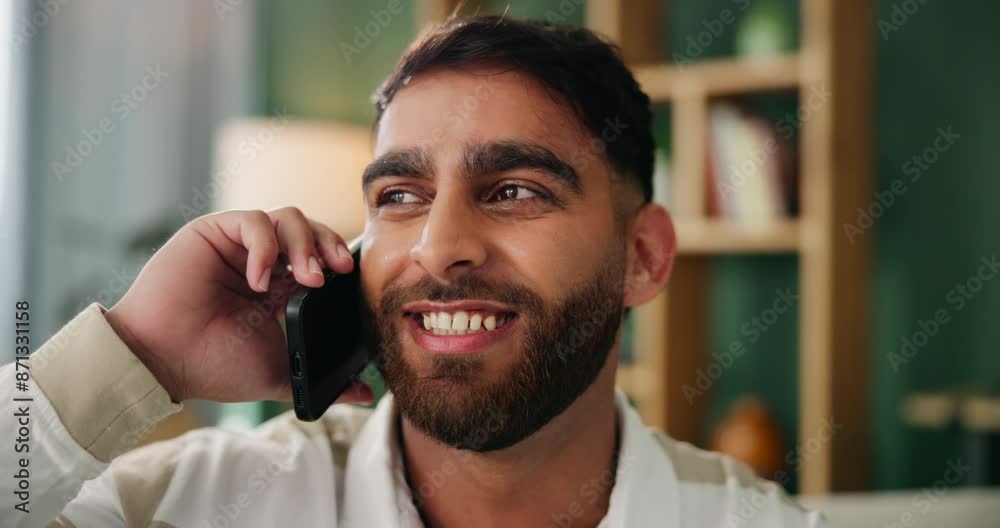 Poster Man, communication and speaking for phone call on sofa with networking, connection and conversation in home. Indian guy, talking and mobile hello in lounge for virtual chat, discussion and contact