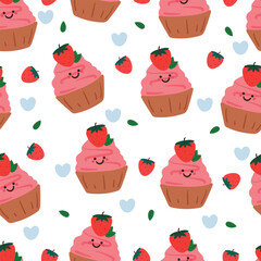 seamless pattern cute cartoon strawberry cupcake. cute dessert pattern
