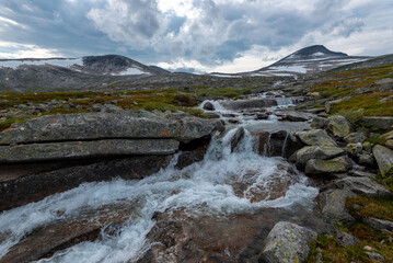 Flowing water down a mountain stream at the arctic circle on Bolnatind, Helgeland, Norway. Wild polar falls in northern scandinavia. Fjelltur in norwegian wetlands and mountains. High resolution