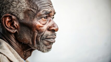 Isolated stark white background featuring a worn, weathered, and weary elderly African homeless man's haunting side profile.