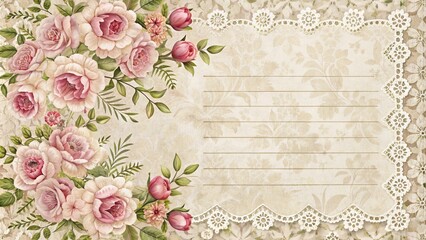 Elegant floral patterned wedding invitation postcard with lace details and blank space for romantic letter on textured paper background.