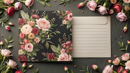 Elegant black marriage invitation postcard paper mockup featuring romantic floral patterns and blank wedding template on high-quality paper texture.