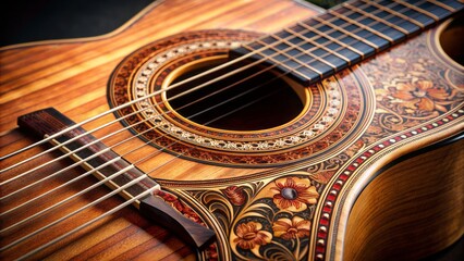 Obraz premium Exquisite close-up view of intricately crafted acoustic Spanish classical guitar showcasing beautiful wood grain and ornate fretboard details.