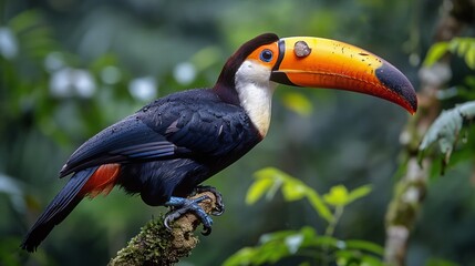 Obraz premium colorful toucan perched on a branch in the rainforest, its bright plumage standing out against the green backdrop of the forest Generative AI