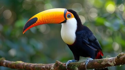 Fototapeta premium colorful toucan perched on a branch in the rainforest, its bright plumage standing out against the green backdrop of the forest Generative AI