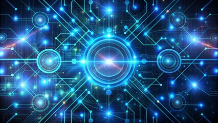 Obraz premium Futuristic cyberpunk interface with neon blue circuits, holographic grids, and glowing orbiting nodes on a dark, high-tech abstract background.