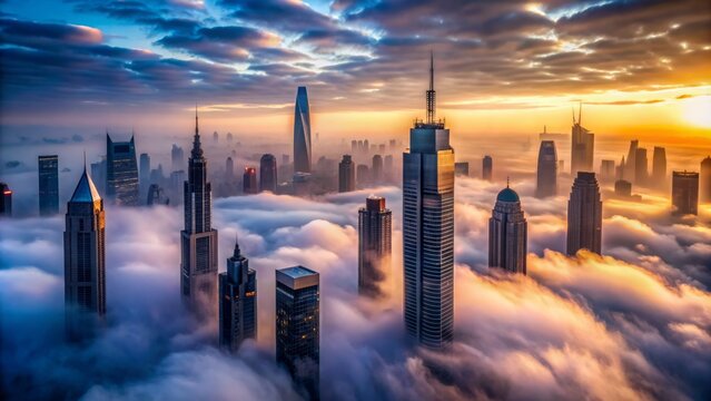 Moody fog veils a cityscape at twilight, majestic skyscrapers pierce the mist, evoking mystery, solitude, and urban atmospheric tension buildup.
