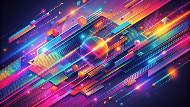 Futuristic abstract template design featuring glitched, distorted shapes, lines, and gradients in vibrant colors, perfect for party banner concepts.