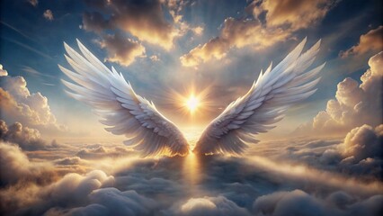 Softly glowing, delicate white feather wings suspended amidst misty, ethereal clouds, evoking faith, hope, and innocence in a serene, romantic atmosphere.