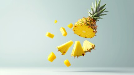 Naklejka premium Fresh pineapple slices floating in mid-air against a light blue background.