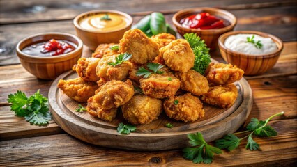 Fototapeta premium Golden brown crispy fried chicken nuggets piled high on a rustic wooden platter with dipping sauces and fresh green herbs nearby.