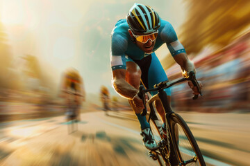 A professional cyclist races down winding mountain road, the stunning landscape and dynamic motion capture the excitement of competitive cycling.
