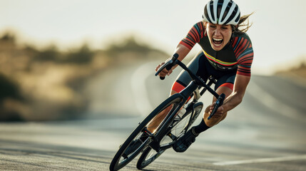 A professional cyclist races down winding mountain road, the stunning landscape and dynamic motion capture the excitement of competitive cycling.