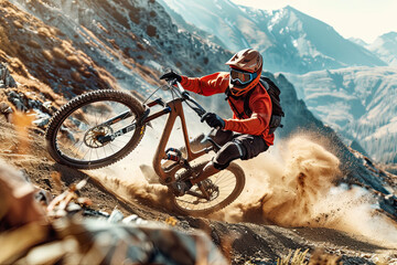 A professional cyclist races down winding mountain road, the stunning landscape and dynamic motion capture the excitement of competitive cycling.