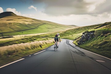 Fototapeta premium A professional cyclist races down winding mountain road, the stunning landscape and dynamic motion capture the excitement of competitive cycling.