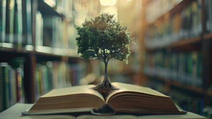 Photo of a book leaves the page open, a trees grow from a book, library background, Generative AI