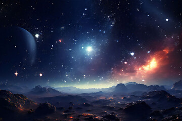 Fototapeta premium Star field in space over a planet surface.